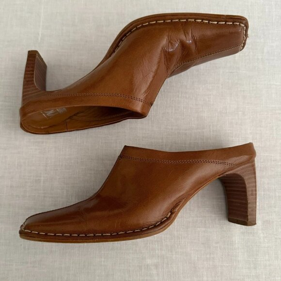 YKX and Co Brown Leather Square Toe Heeled Mules Size 7.5 Shoes - Picture 6 of 12